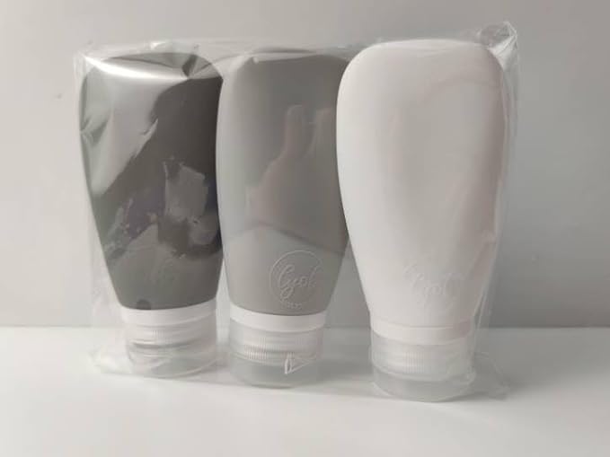 Travel Bottles for Toiletries, TSA Approved 3oz (90ml) Leak Proof Silicone Refillable Squeeze Travel Size Containers BPA Free for Cleansers, Lotions, Shampoo 3-pk (Black-Gray-White)
