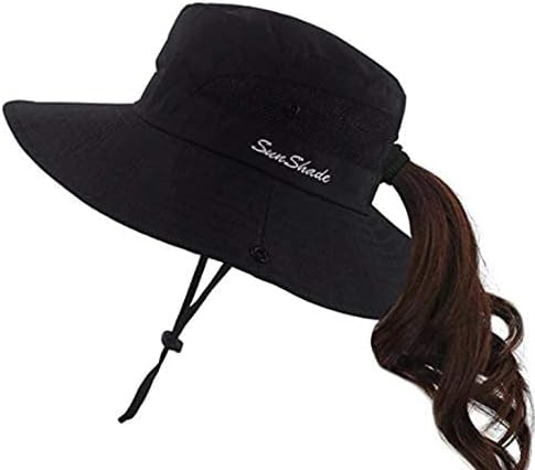 Women's Outdoor UV-Protection-Foldable Sun-Hats Mesh Wide-Brim Beach Fishing Hat with Ponytail-Hole
