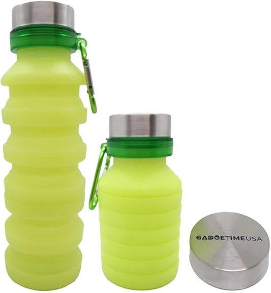 Collapsible Water Bottle (Yellow) - Reusable, BPA Free, Silicone, Foldable Portable & Leak Proof - Water Bottles for Travel Gym Camping Hiking - Sports Water Bottle with Carabiner
