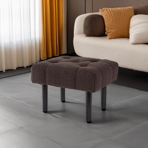 HOUCHICS Fur Padded Foot Stool, Small Ottoman Foot Rest with Wooden Legs,Modern Rectangle Chair Foot Rest Foot Step Stool for Living Room, Couch, Desk(Brown)