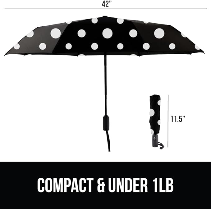 GORILLA GRIP Strong Windproof Stick Compact Umbrella for Rain, One-Click Automatic Open and Close, Durable Quick Dry Waterproof Material, Lightweight and Portable, Travel Size Fits Backpack Polka Dots