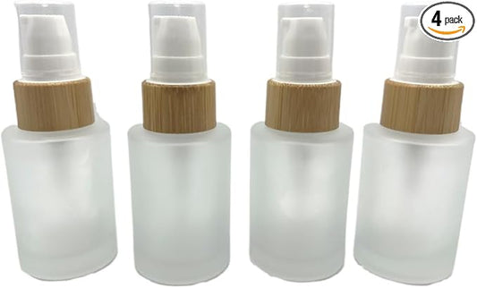 Empty Cosmetic Glass Lotion Bottles 1 oz/30ml 4 PACK with Pump Refillable Dispenser for Emulsion,Moisturizer Cream Liquids,Essential Oil Skin Care Travel Containers(Frost Clear)
