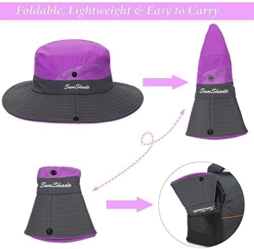 Women's Outdoor UV-Protection-Foldable Sun-Hats Mesh Wide-Brim Beach Fishing Hat with Ponytail-Hole