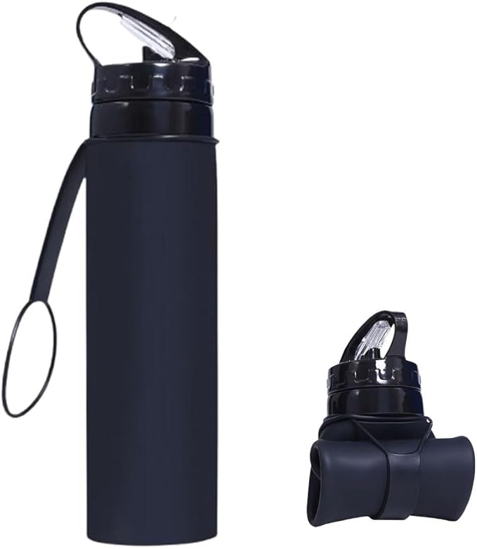 ZZT Collapsible Water Bottles 20oz, BPA Free,Sports Water Bottle,Foldable Travel Water Bottle with Straw Strap for Gym,Cycling, Hiking, Outdoors (Black)