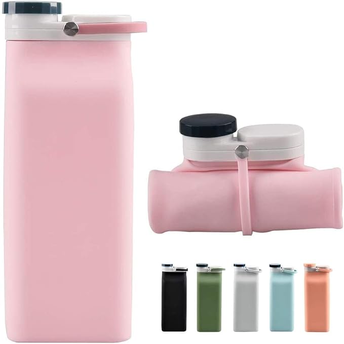 E-Senior Collapsible Water Bottle BPA Free - 20 oz Foldable Water Bottle for Travel Sports Bottles with Triple Leak Proof Lightweight (Pink)