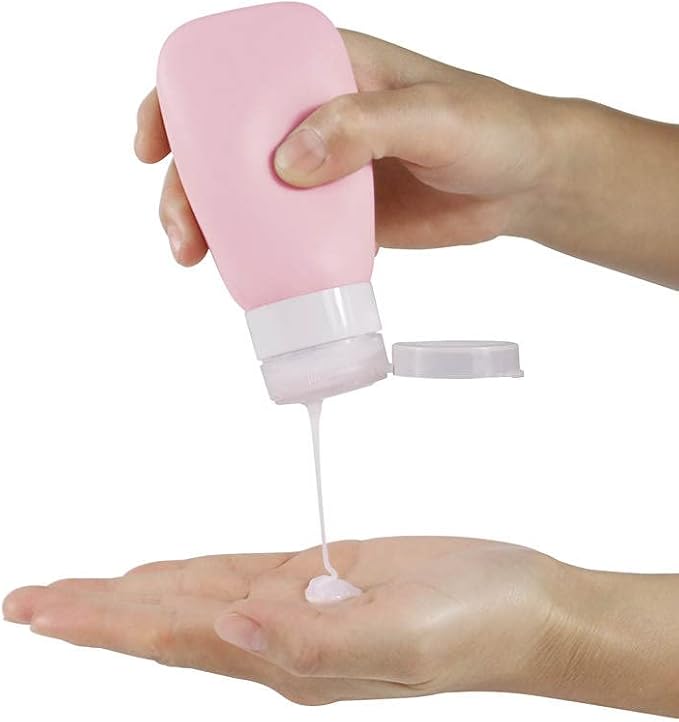 Travel Bottles for Toiletries, TSA Approved 3oz (90ml) Leak Proof Silicone Refillable Squeeze Travel Size Containers BPA Free for Cleansers, Lotions, Shampoo 4pk-With Bag (P,G,Blk,BL)