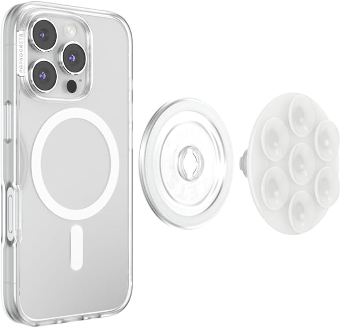 PopSockets Suck-Up™ Suction Grip & Stand, 3-in-1 MagSafe Phone Mount for iPhone, Strong Hold on Mirrors & Glass, Swappable Top, Portable & Reusable - Clear
