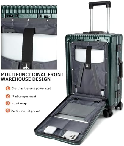 feilario 20in Aluminium Frame PC Hard Shell Spinner Wheels Luggage, Built-In TSA lock Carry on Suitcase, with Cup Holder, USB Port, Phone Holder