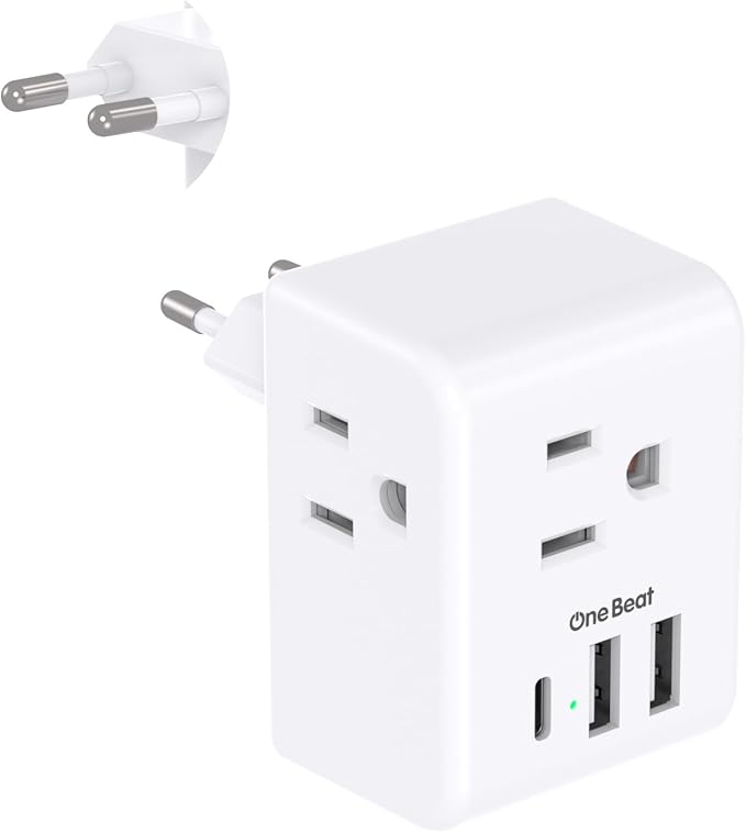 1 Pack European Travel Plug Adapter, Italy Spain Power Plug Adapter with 3 Outlets 3 USB Charging Ports(1 USB C), Type C Plug Adapter Travel Essentials to Most Europe EU Spain Italy France Germany