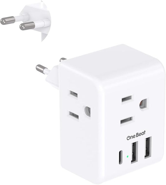 1 Pack European Travel Plug Adapter, Italy Spain Power Plug Adapter with 3 Outlets 3 USB Charging Ports(1 USB C), Type C Plug Adapter Travel Essentials to Most Europe EU Spain Italy France Germany