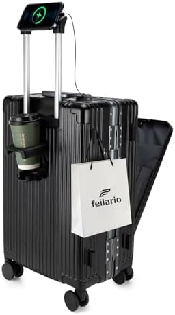feilario 20in Aluminium Frame PC Hard Shell Spinner Wheels Luggage, Built-In TSA lock Carry on Suitcase, with Cup Holder, USB Port, Phone Holder