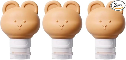 Cute Bear Travel Bottles Set for Toiletries 3 Pack 2.8oz 80ML Leak Proof Silicone Containers for Conditioner Shampoo Lotion (Brown)