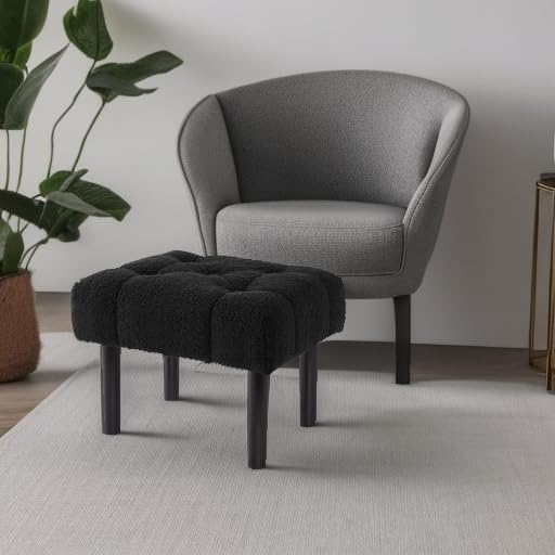 HOUCHICS Fur Padded Foot Stool, Small Ottoman Foot Rest with Wooden Legs,Modern Rectangle Chair Foot Rest Foot Step Stool for Living Room, Couch, Desk(Black)
