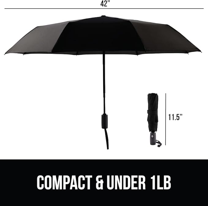 GORILLA GRIP Strong Windproof Stick Compact Umbrella for Rain, 2 PK, One-Click Automatic Open Close, Durable Quick Dry Waterproof Material, Lightweight, Travel Size Fits Backpack, Black Sky Blue