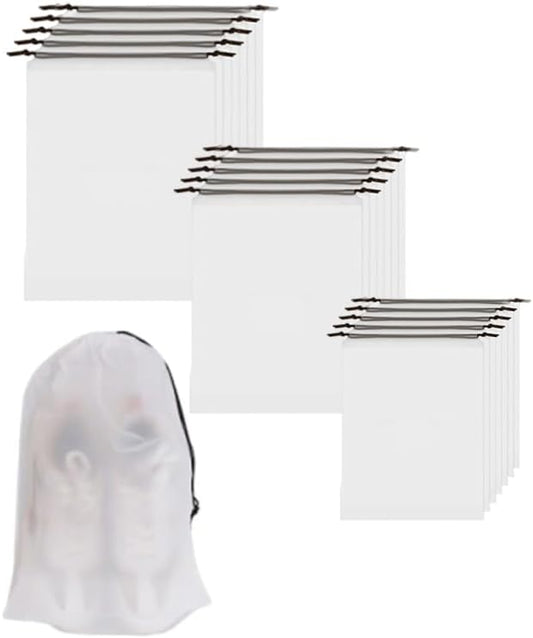 15 Pack Travel Shoe Bag, PE Waterproof Dustproof Clear Drawstring Shoe Organizer Bag Portable Travel Essentials for Men & Women Ideal for Luggage, Backpack, Gym & Daily Storage, Multi-Size