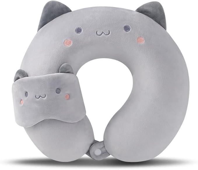 Kids Neck Pillow for Travel with Sleep Eye Mask, Cute Travel Neck Pillow, Memory Foam Flight Sleeping Headrest Pillow for Boys & Girls, Airplane, Train, Car, Home Use - Grey Cat