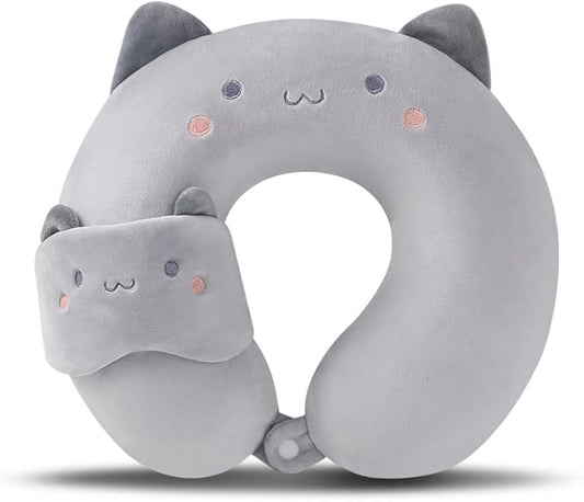 Kids Neck Pillow for Travel with Sleep Eye Mask, Cute Travel Neck Pillow, Memory Foam Flight Sleeping Headrest Pillow for Boys & Girls, Airplane, Train, Car, Home Use - Grey Cat