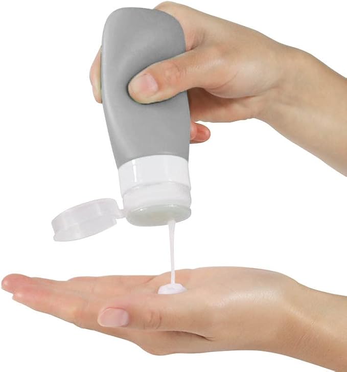 Travel Bottles for Toiletries, TSA Approved 3oz (90ml) Leak Proof Silicone Refillable Squeeze Travel Size Containers BPA Free for Cleansers, Lotions, Shampoo 3-pk (Black-Gray-White)