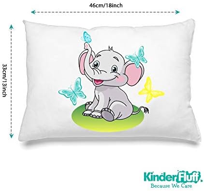 kinder Fluff Child Pillow with Pillowcase 13x18in- 233T Cotton Shell & Down Alternative Fill - Ideal for Travel, Bedding Set & Floor Cushions -White Pillow with Pillowcase Elephant Design