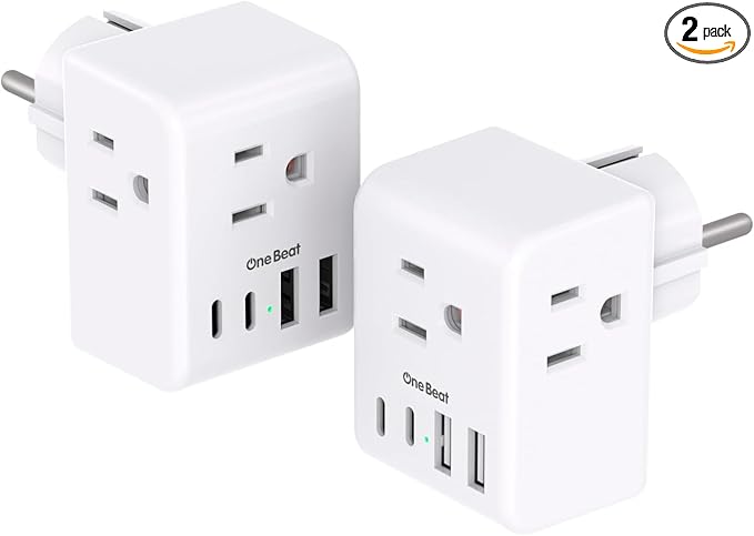 2 Pack Germany France Travel Plug Adapter with 3 Outlets 4 USB Charging Ports(2 USB C), Type E/F International Power Adapter, Travel Essentials US to Europe France Germany South Korea Netherlands