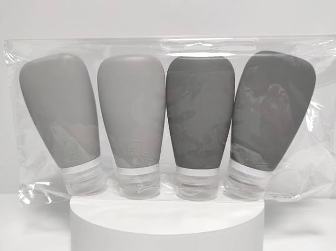 Travel Bottles for Toiletries, TSA Approved 3oz Leak Proof Silicone Soft Refillable Squeeze Travel Size Containers BPA Free for Cleansers, Lotions, Shampoo, Conditioner 4pk (2Black-2Gray)