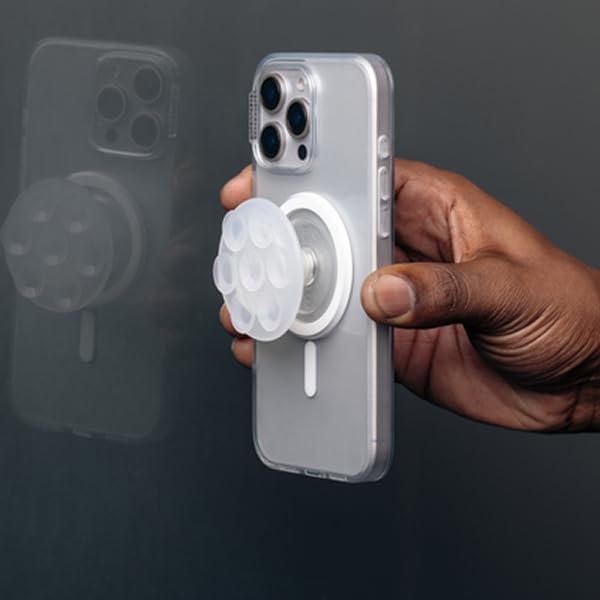 PopSockets Suck-Up™ Suction Grip & Stand, 3-in-1 MagSafe Phone Mount for iPhone, Strong Hold on Mirrors & Glass, Swappable Top, Portable & Reusable - Clear