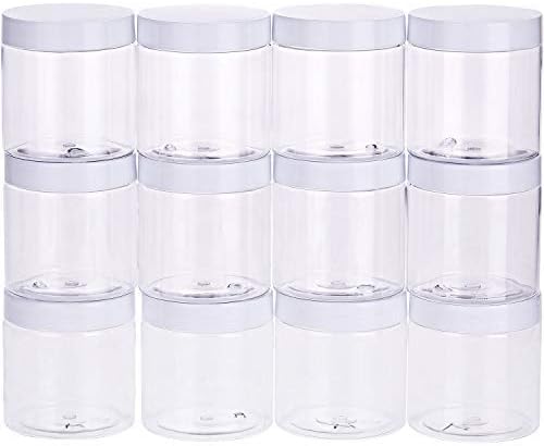 SATINIOR 12 Pack 8 oz Plastic Container Jars with Lids Round Clear Travel Cosmetic Container Slime Jars for Toiletries, Lotion, Cream, Ointments, Makeup, Rhinestone, Samples, Kitchen Storage(Clear)