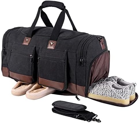 Leather Travel Bag with Shoe Pouch,Weekender Overnight Bag Waterproof Leather Large Carry On Bag Travel Tote Duffel Bag for Men or Women-Dark Grey