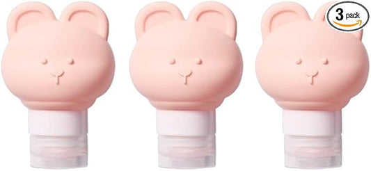 Cute Bear Travel Bottles Set for Toiletries 3 Pack 2.8oz 80ML Leak Proof Silicone Containers for Conditioner Shampoo Lotion (Pink)