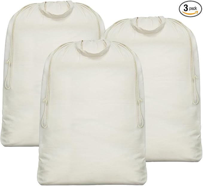 3pcs Breathable Cotton Canvas Laundry Drawstring Bags with Carrying Handles & Shoulder Strap, Cotton Laundry Hamper Basket Replacement Liner Bags