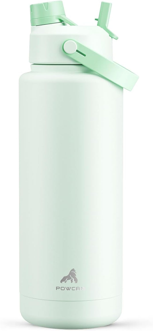POWCAN 40 oz Insulated Water Bottle with 2-in-1 Straw and Spout Lid, Keep Cold 24H, Leak-Proof, BPA-Free, Double Wall Stainless Steel Water Bottle for Sports, Gym, Travel, and School (Mint)
