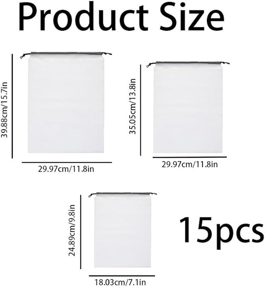 15 Pack Travel Shoe Bag, PE Waterproof Dustproof Clear Drawstring Shoe Organizer Bag Portable Travel Essentials for Men & Women Ideal for Luggage, Backpack, Gym & Daily Storage, Multi-Size