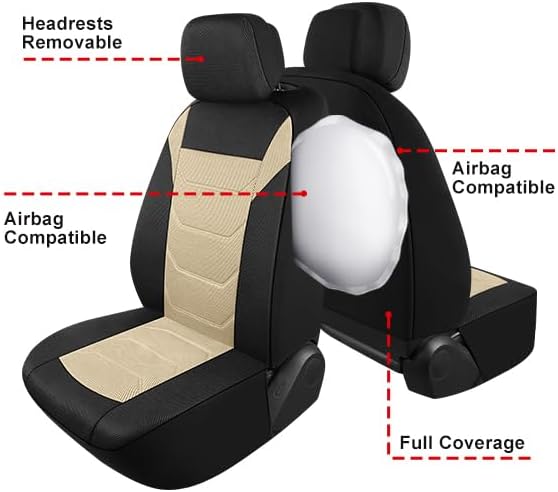 Pariiaotin 3D Air Mesh Car Seat Cover Full Sets Washable and Breathable Premium Cloth Automotive Vehicle Seat Covers for Cars Interior, Universal Fit for Most Cars, Sedan, Truck, SUV(Black/Beige)