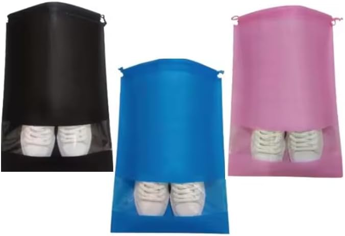 Shoe Bags for Travel, Packing, Storage, Organizing & Suitcase (12 Pack). Reusable Dustproof & Water Resistant Sneakers Pouch Protectors with Clear Window & Drawstrings. (Pink, Azure Blue, Black)