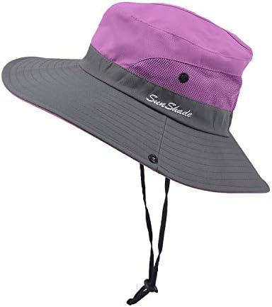 Women's Outdoor UV-Protection-Foldable Sun-Hats Mesh Wide-Brim Beach Fishing Hat with Ponytail-Hole