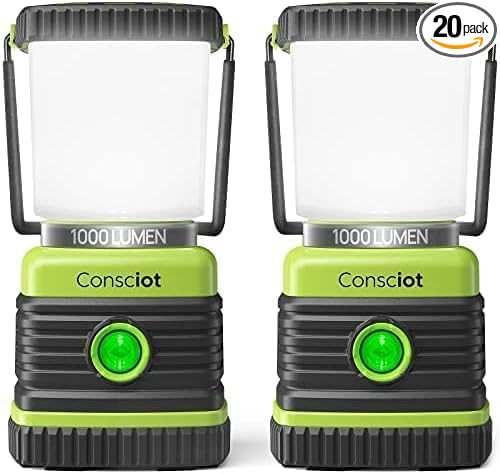 Consciot LED Battery Powered Camping Lantern, 1000LM, 4 Light Modes, IPX4 Waterproof Portable Tent Flashlight for Power Outages, Emergency, Hurricane, Hiking, Light Green, (Pack of 20)
