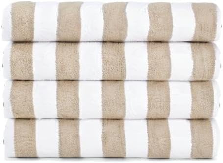 Arkwright California Cabana Stripe Beach Towel - Pack of 4, Large Soft Quick Dry Cotton Terry Towels Set for Pool, Swim, and Hot Tub, Oversized 30 x 70 in, Beige