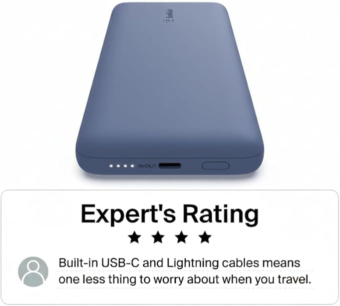 Belkin Portable Charger Power Bank for iPhone/Android - 10,000mAh, 23W Battery Pack for Phone with Integrated USB-C, Lightning Cables - Pass-Through Capability, Charge 2 Devices at Once