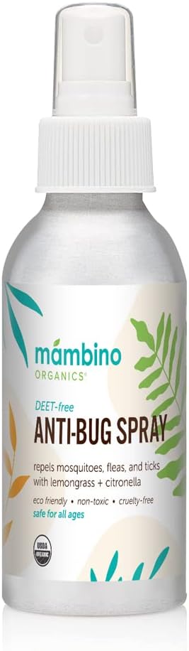 Mambino Organics Anti-Bug Spray, DEET-Free, Organic Mosquito Repellent with Essential Oils, Reef Safe, Face-Safe Protection for Babies, Kids, and Adults, Travel Bug Spray, 4oz