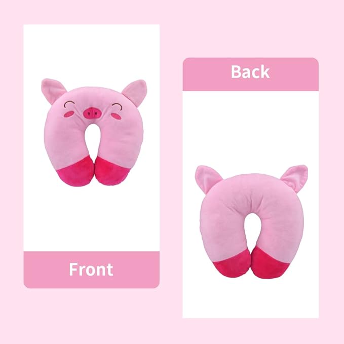 EKDJKK Travel Pillow for Kids, Cute Animal Neck Pillow Support U Shaped Cushion Plush Soft Rest Reading Pillow Sleeping Pillow for Airplane Train Car (Pink Pig)
