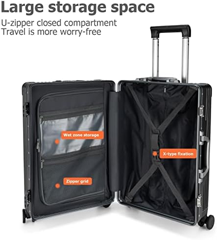 feilario 20in Aluminium Frame PC Hard Shell Spinner Wheels Luggage, Built-In TSA lock Carry on Suitcase, with Cup Holder, USB Port, Phone Holder