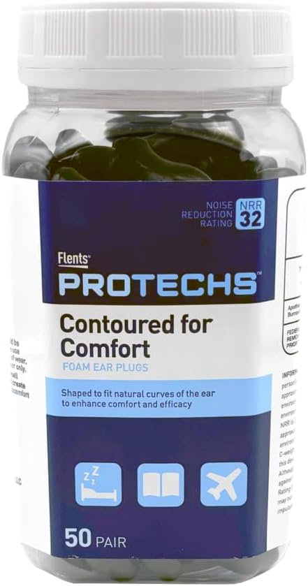 Flents Protechs Contoured for Comfort Foam Ear Plugs, Soft & Comfortable Hearing Protection for Work, Construction, Heavy Machinery, Studying, Travel & Sleep, NRR 32, Easy to Use, Black, 50 Pairs