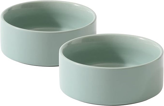 Ceramic 5.1inch Set of 2 Dog and Cat Bowls, 2pcs Anti-Slip Food and Water Feeder Dishes for Puppies, Kitties, Cats(2 Bowls, Light Green)