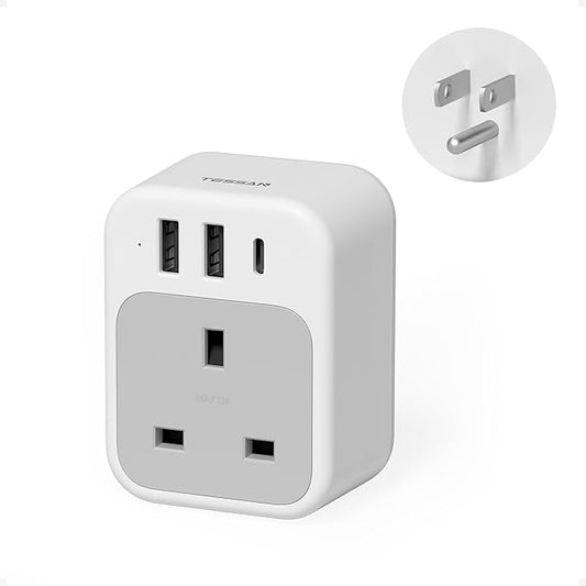 TESSAN UK to US Plug Adapter, UK Adapters for Travel with AC Outlet 3 USB (1 USB C), Type G Power Adapter Ireland London Scotland Kenya Dubai Singapore to Type B USA Travel Adaptor