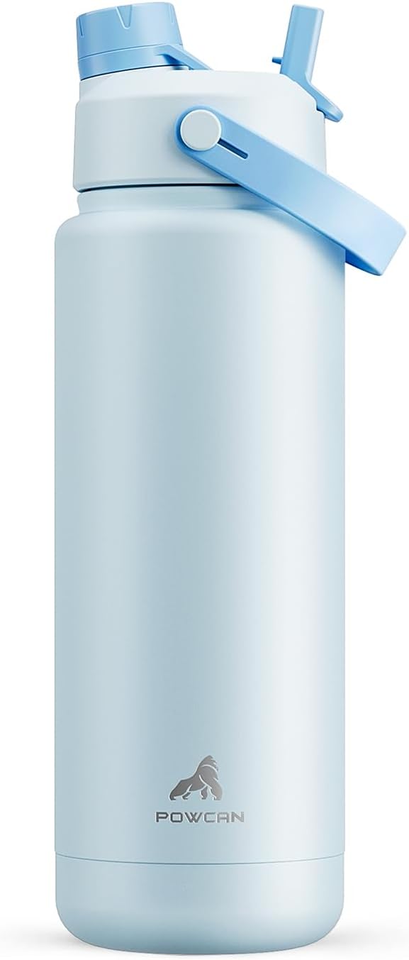 POWCAN 32 oz Insulated Water Bottle with 2-in-1 Straw and Spout Lid, Keep Cold 24H, Leak-Proof, BPA-Free, Double Wall Stainless Steel Water Bottle for Sports, Gym, Travel, and School (Sea Breeze)