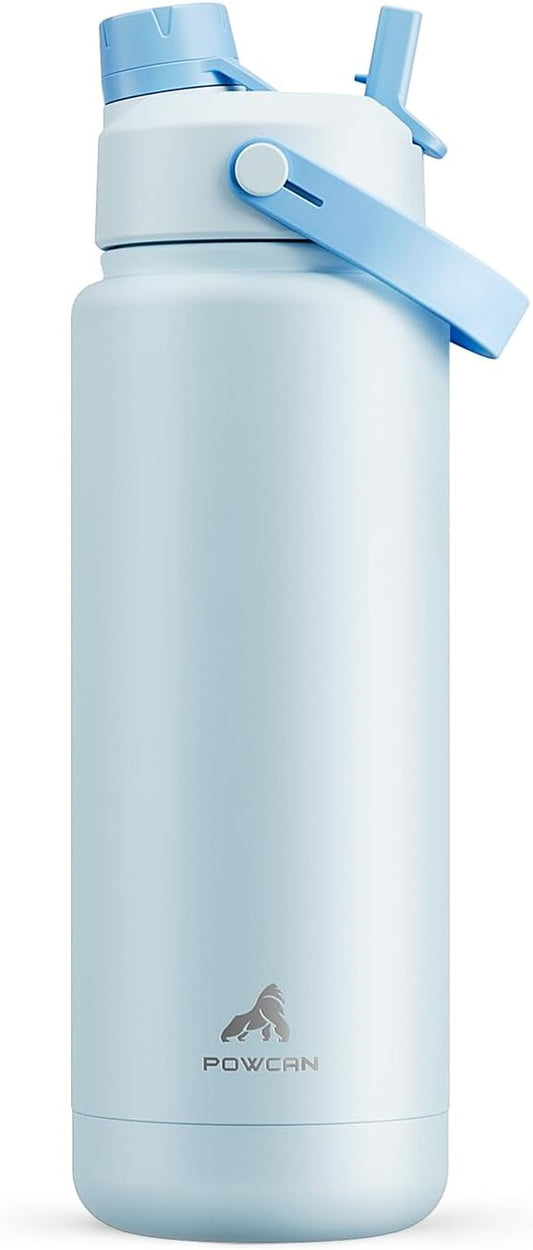 POWCAN 32 oz Insulated Water Bottle with 2-in-1 Straw and Spout Lid, Keep Cold 24H, Leak-Proof, BPA-Free, Double Wall Stainless Steel Water Bottle for Sports, Gym, Travel, and School (Sea Breeze)