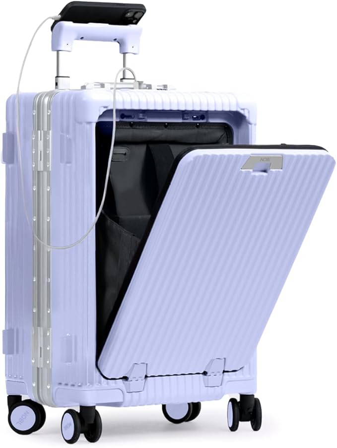 Nobl Travel Carry On Luggage, Noble Zipperless Aluminum Frame PC Hard Shell Suitcase, 20.8"x15"x8.7" Airline Approved, 360° Spinner Wheels, TSA Locks, USB Charging Port, Cup & Phone Holder - Lavender