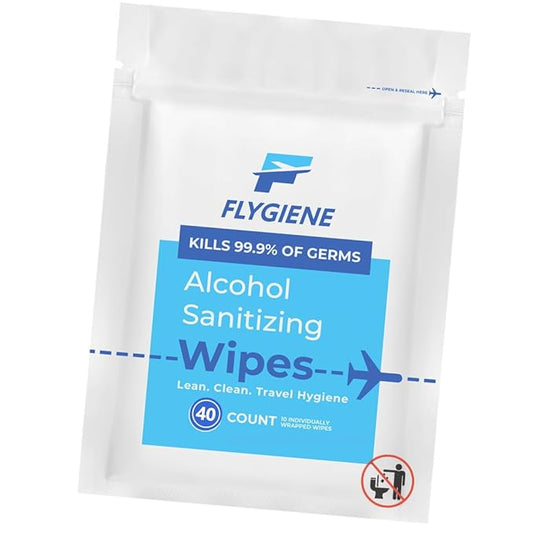 40 Count Sanitizing Wipes, 70% Alcohol, Individually Wrapped, Wet Wipes, Travel Size, Airplane Essentials