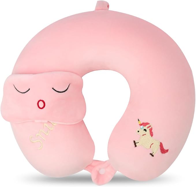 Kids Neck Pillow for Travel with Sleep Eye Mask, Cute Travel Neck Pillow, Memory Foam Flight Sleeping Headrest Pillow for Boys & Girls, Airplane, Train, Car, Home Use - Little Pink Unicorn