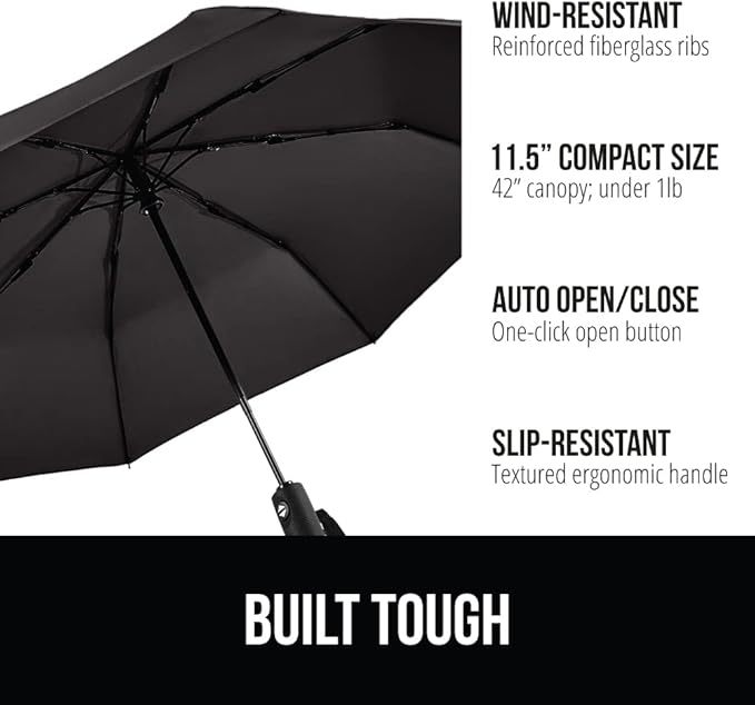 GORILLA GRIP Strong Windproof Stick Compact Umbrella for Rain, 2 PK, One-Click Automatic Open Close, Durable Quick Dry Waterproof Material, Lightweight, Portable, Travel Size Fits Backpack, Black